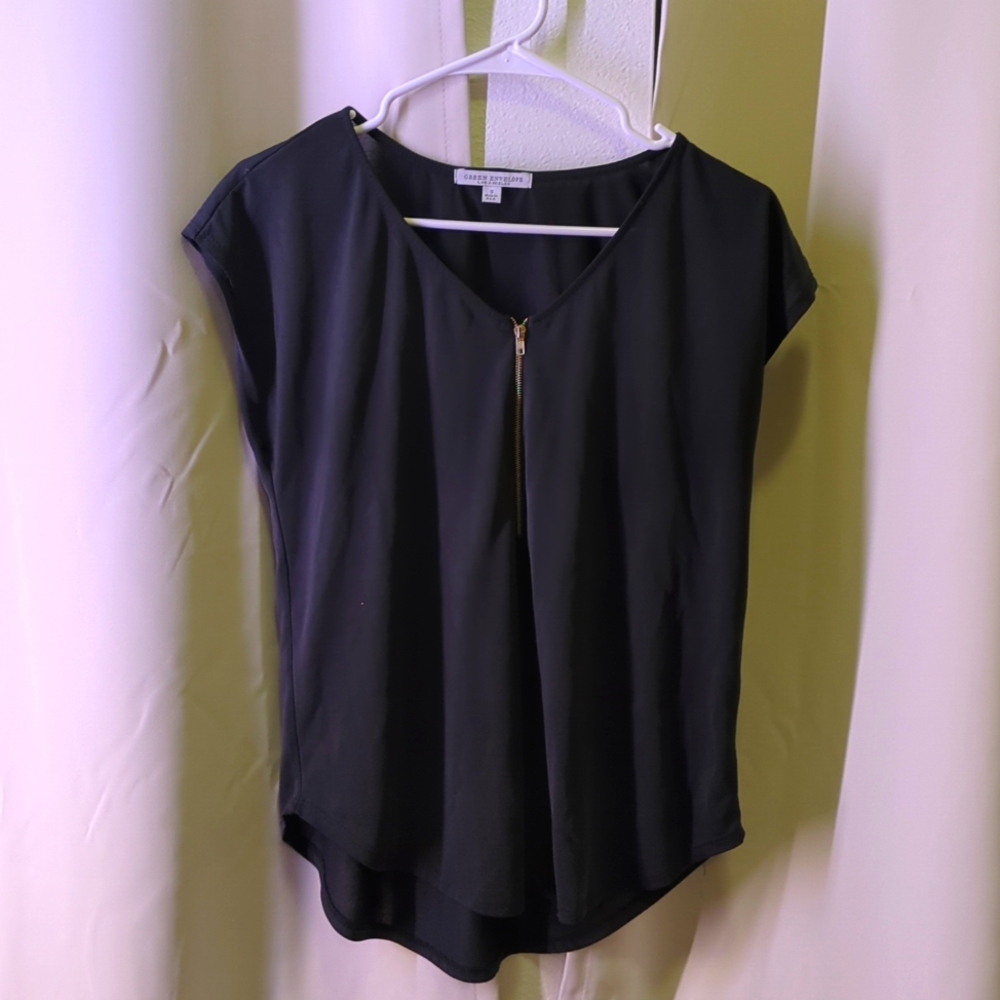 Women's Green Envelope S Navy Blue Zippered Neckline V Neck Top